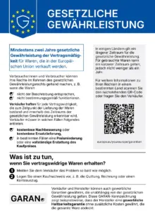 Offizielles EU-Label „Gesetzliche Gewährleistung” mit Informationen zu Verbraucherrechten, QR-Code und GARAN-Kennzeichnung für freiwillige Herstellergarantien