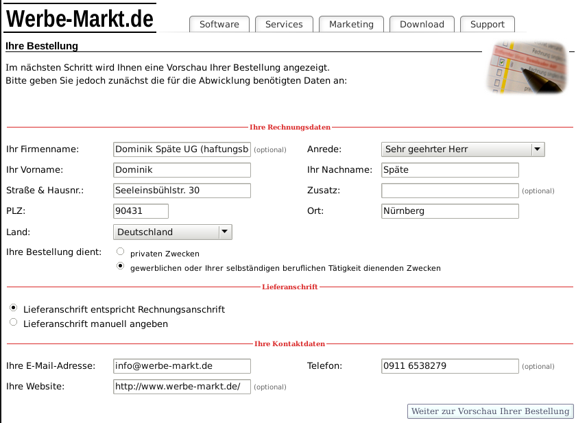 Screenshot Rechnungs-, Liefer- und Kontaktdatenangabe