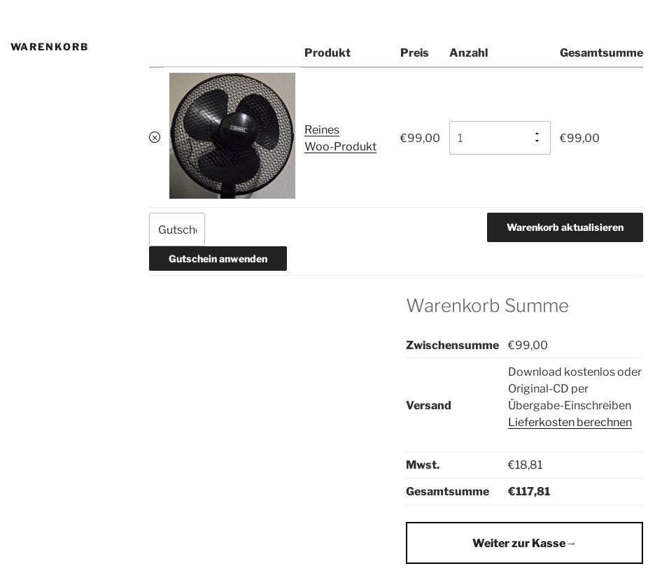 Screenshot Warenkorb mit WordPress Standard-Theme Twenty Seventeen