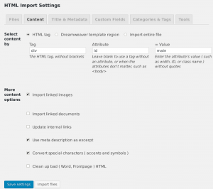 Screenshot HTML Import 2 Einstellungsseite Inhalt
