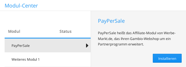 Screenshot des Modul-Centers im Gambio-Admin-Menü