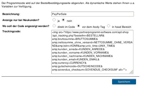 Screenshot Trackingcode bearbeiten im APT-Shop Adminbereich