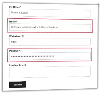 Screenshot eines Kontaktformulars mit vorgegebenem Betreff und Passwort-Eingabefeld