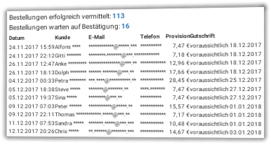 Screenshot Bestell-History mit Provision, Gutschriftdatum und Kundendaten