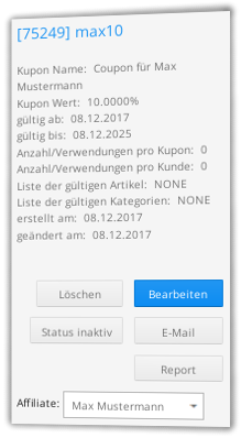 Screenshot Affiliate-Zuweisung in der Gambio Kupon-Verwaltung