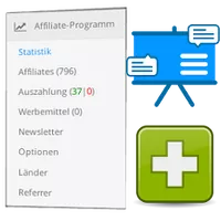 Screenshot Affiliate-Modul im Gambio-Admin, Clipboard und Plus-Symbol