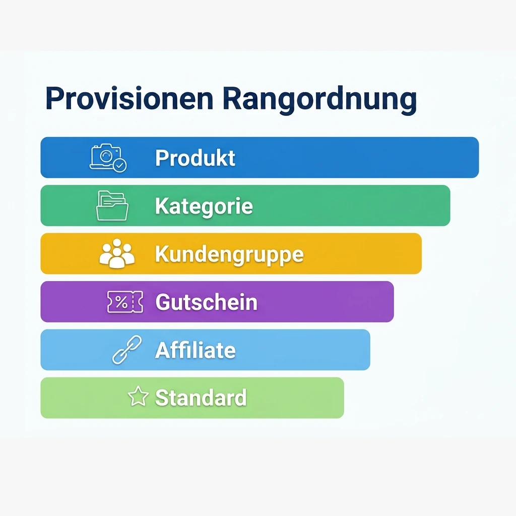 Infografik Rangordnung der Provisionsangaben: Produkt, Kategorie, Kundengruppe, Gutschein, Affiliate, Standard - von höchster zu niedrigster Priorität