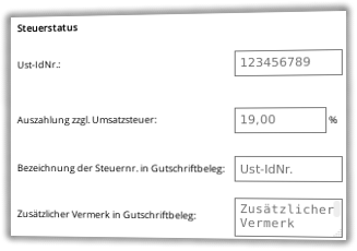 Eingabefelder für Ust-IdNr., Auszahlung zzgl. Umsatzsteuer, Bezeichnung der Steuernr. in Gutschriftbeleg und Zusätzlicher Vermerk in Gutschriftbeleg