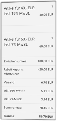  Artikel für 40,- EUR inkl. 19% MwSt. und Artikel für 60,- EUR inkl. 7% MwSt. im Gambio-Checkout