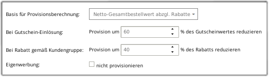 Basis für Provisionsberechnung: Netto-Gesamtbestellwert abzgl. Rabatte mit Reduzierung der Provision