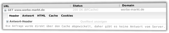 Firebug-Meldung: Die Anfrage wurde direkt über den Cache abgewickelt, daher gibt es keine Antwort vom Server.