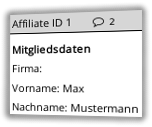 Affiliate-ID gefolgt von Sprechblasen-Icon und Mitgliedsdaten