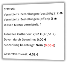 Affiliate-Statistik mit bestätigt und offenen vermittelten Bestellungen gesamt und pro Monate, aktuellem Guthaben, davon durch Downline, beantragter Auszahlung und Gesamtverdienst.