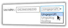 Eingabefeld Ust-IdNr. und Status-Auswahl ungeprüft, ungültig, gültig