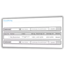 Tabelle mit einer Auszahlung, enthält deren Ausz.-Nr., begroffener Partner, E-Mail, Betrag, Beantragt am, Getätigt am und Link zu den Details