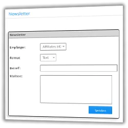 Newsletter versenden mit Auswahl der Affiliates als Empfänger, Text- oder HTML-Format, Eingabefelder für Betreff und Mailtext