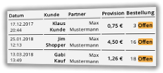 Tabelle offener Bestellungen mit Bestelldatum, Name des Kunde und des Partners, Provision, Status und Link zur Bestellung