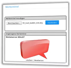 Werbemittel hinzufügen und Eingetragene Werbemittel mit einer überdimensionierten Sprechblase als Werbebanner