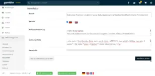 Gambio-Admin: Newsletter-Formular mit Betreff, Sprachauswahl sowie Mailtext-Feldern für Text- und HTML-Format, im Mailtext sichtbar der Platzhalter {$vorname}