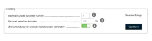 Screenshot der Gambio Admin-Oberfläche im Bereich „Crawling“ des Moduls zur Ladezeitoptimierung: Maximale Anzahl paralleler Aufrufe 4, Wartezeit zwischen Aufrufen 100 ms, Überschneidung von CronJob-Ausführungen verhindern ist aktiviert.