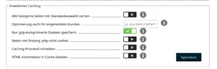 Screenshot der Gambio Admin-Oberfläche im Bereich „Erweitertes Caching“ des Moduls zur Ladezeitoptimierung: Optimierung auch für angemeldete Kunden ist auf „Ja, aus dem Cache“ gestellt, nur gzip-komprimierte Dateien speichern ist aktiviert.