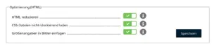 Screenshot der Gambio Admin-Oberfläche im Bereich „Optimierung (HTML)“ des Moduls zur Ladezeitoptimierung: HTML reduzieren, CSS-Dateien nicht-blockierend laden und Größenangaben in Bilder einfügen sind aktiviert.