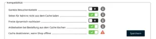Screenshot der Gambio Admin-Oberfläche im Bereich „Kompatibilität“ des Moduls zur Ladezeitoptimierung: Seiten für Admins nicht aus dem Cache laden und Artikelseiten bei Bestellung aus dem Cache löschen sind aktiviert, Preise dynamisch nachladen ist verfügbar.