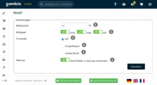 Screenshot der Gambio Admin-Oberfläche im Bereich „WebP“ des Moduls zur Ladezeitoptimierung: Bildqualität 80%, Bildtypen JPEG/PNG/GIF, Converter GD, WebP-Bilder in Sitemap verwenden ist aktiviert.