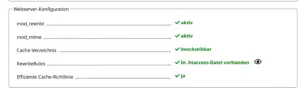 Screenshot der Gambio Admin-Oberfläche im Bereich „Webserver-Konfiguration“ des Moduls zur Ladezeitoptimierung: mod_rewrite aktiv, mod_mime aktiv, Cache-Verzeichnis beschreibbar, RewriteRules in .htaccess-Datei vorhanden, Effiziente Cache-Richtlinie: Ja.