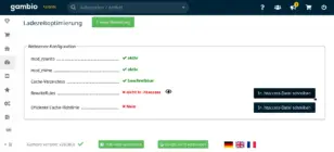 Screenshot der Gambio Admin-Oberfläche im Bereich „Webserver-Konfiguration“ des Moduls zur Ladezeitoptimierung: RewriteRules nicht in .htaccess (rot), Button „In .htaccess-Datei schreiben“.