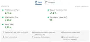 PageSpeed Insights (Mobil) Messwerte desselben Shops: First Contentful Paint 1,4 s, Largest Contentful Paint 2,1 s, Total Blocking Time 0 ms, Cumulative Layout Shift 0, Speed Index 2,8 s - alle Werte grün bewertet.