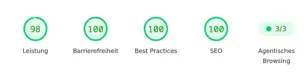 PageSpeed Insights (Mobil) für einen mit dem Modul zur Ladezeitoptimierung beschleunigten Gambio-Shop: Leistung 98, Barrierefreiheit 100, Best Practices 100, SEO 100.