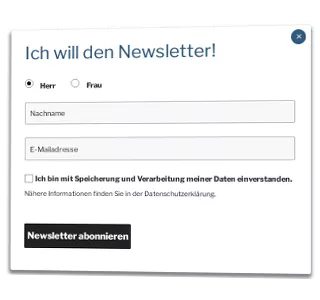 Popup Maker Modal mit Radiobuttons für Auswahl von Mann oder Frau, Texteingabefelder für Nachname und E-Mail-Adresse sowie Button Newsletter abonnieren