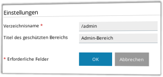 Plesk: Passwortgeschützte Verzeichnisse: Geschütztes Verzeichnis erstellen: Verzeichnisname und Titel des geschützten Bereichs