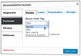 Popup Maker Anmeldeformular: Name Feld Typ: Nichts