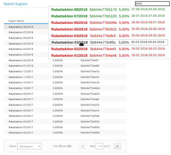 Screenshot Suche nach 2018 in Kupon Code und Kupon Name mit Trefferliste im Gambio-Admin-Menüpunkt Rabatt Kupons