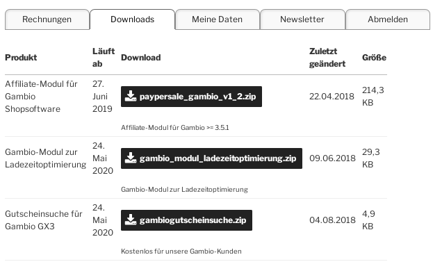 Download von Gambio-Modulen im Login-Bereich auf Werbe-Markt.de