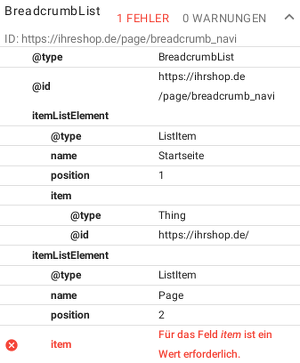 BreadcrumbList: 1 FEHLER, Für das Feld item ist ein Wert erforderlich.