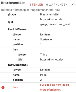 BreadcrumbList: 1 FEHLER, Für das Feld item ist ein Wert erforderlich.