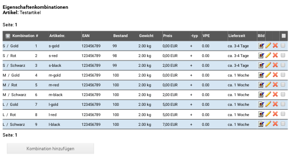 Eigenschaftenkombinationen Artikel: Testartikel