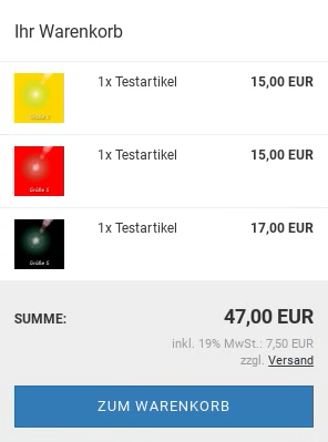 3x Testartikel im Warenkorb mit 3 unterschiedlichen Artikelbildern