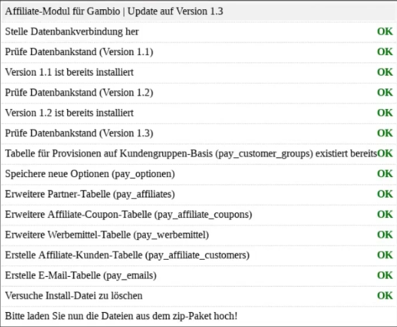Affiliate-Modul für Gambio | Update auf Version 1.3: Screenshot der Installationsroutine im Webbrowser