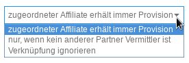 Auswahlfeld mit den Optionen: 1. zugeordneter Affiliate erhält immer Provision 2. nur, wenn kein anderer Partner Vermittler ist 3. Verknüpfung ignorieren