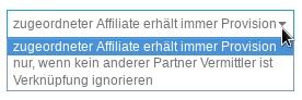 Auswahlfeld mit den Optionen: 1. zugeordneter Affiliate erhält immer Provision 2. nur, wenn kein anderer Partner Vermittler ist 3. Verknüpfung ignorieren