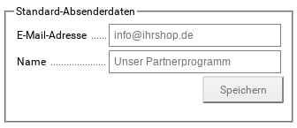 Standard-Absenderdaten: Eingabefelder für E-Mail-Adresse und Name, Speichern-Button