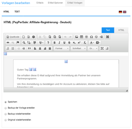 Gambio-Backend: Vorlagen bearbeiten, HTML (PayPerSale: Affiliate-Registrierung - Deutsch) mit WYSIWYG-Editor