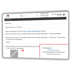 Partner-Menübox im Gambio-Shop: Eingeloggt als Max Mustermann mit Empfehlungslink zu dieser Seite