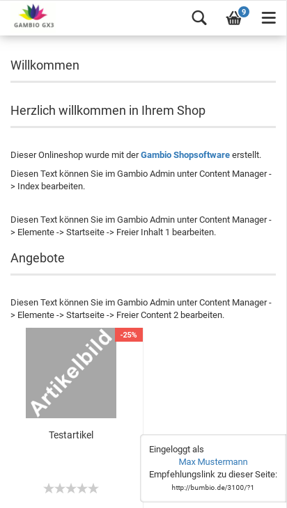 Startseite eines Gambio-Onlineshops mit Partner-Menübox unten rechts