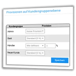 Provisionen auf Kundengruppenebene mit Auflistung der Kundengruppen und Auswahlfeldern für die Provision