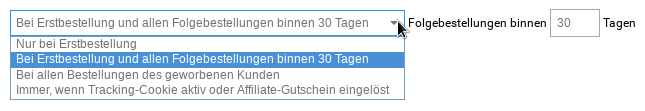 Auswahlfeld mit der Option Bei Erstbestellung und allen Folgebestellungen binnen 30 Tagen sowie Eingabefeld für die Anzahl Tage